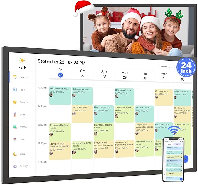 24" Digital Calendar Chore-Chart for-Family-Schedule - Interactive Touchscreen Display Electronic Calendar, Star Reward, Sync Google iCloud Outlook Calendar Via App, Wall Mount, Gift for Mother Father