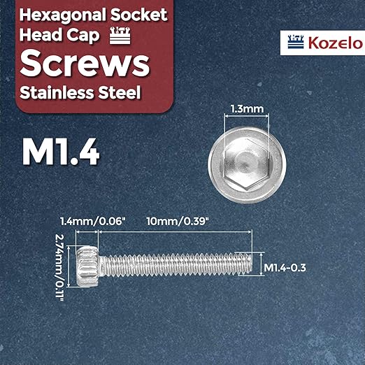Kozelo 60pcs Socket Head Cap Screws - [M1.4-0.3 x 10mm] 304 Stainless Steel Allen Socket Drive for Electrical Motor 3D Printing Fan Engine Replacement Use, Silver