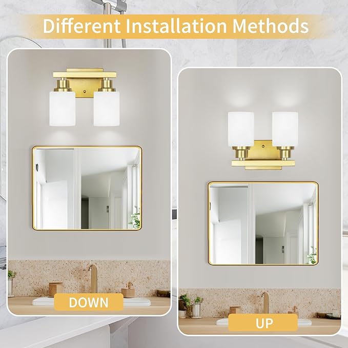 DIKAIDA Gold Bathroom Light Fixtures Over Mirror, 2-Light Modern Vanity Lights with White Glass Shade, Bathroom Wall Lamp Sconces for Mirror Bedroom, Living Room Hallway Small Space