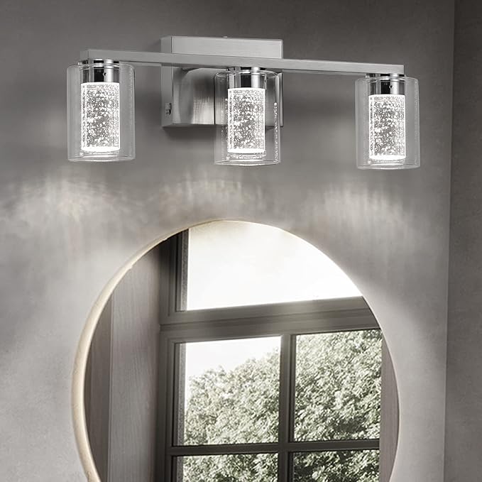 SADENICEL Brushed Nickel Vanity Lights, 3-Light Bathroom Light Fixtures, Crystal LED Bathroom Lights Dimmable White/Neutral/Warm Light with Clear Glass Shade for Bathroom Bedroom Hallway Lighting