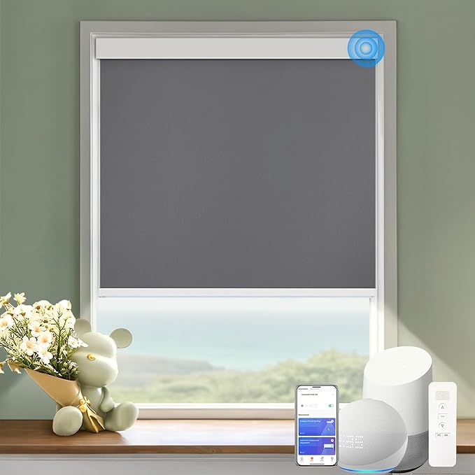 COOLWINDS Motorized Blinds with Remote Cordless Automatic Motorized Shades Custom Blinds for Windows Smart Curtains Compatible with Alexa Google Home(Blackout Thunder Grey,W65 x H72in)