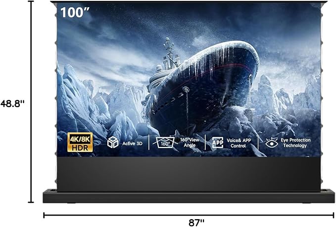 IN&VI Motorized ALR Floor Rising Projector Screen for Long/Standerd Throw Projector,Movie Screen for Home Theater,Motorized Projector Screen 4K/8K Ultra HD Active 3D (100 Inch/16:9)