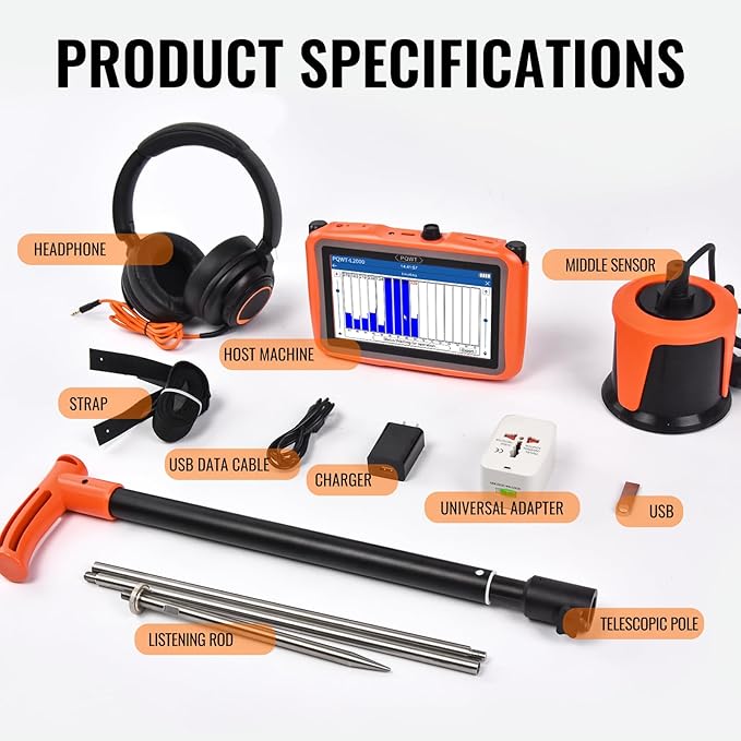 PQWT L2000 Underground Water Leak Detectors for Outdoor Wall Water Pipe Detector Machine Middle Sensor Acoustic Pipeline Leakage Detection Kit Noise Reduction Headphone Smart Touchscreen Carry Case