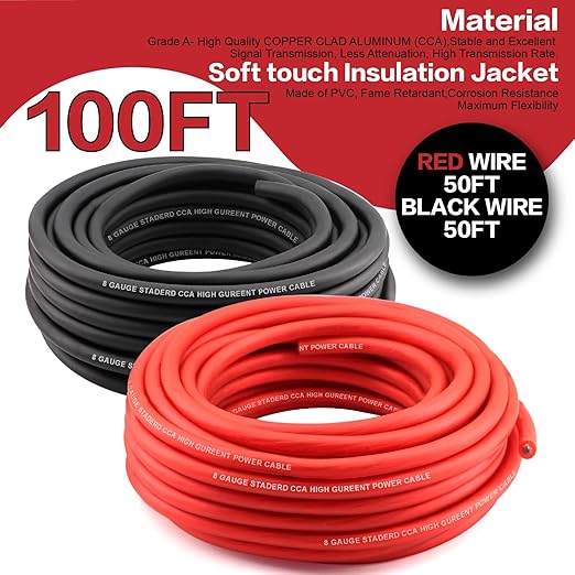 8 Gauge Wire (50ft Each - Red/Black) Copper Clad Aluminum CCA - Primary Automotive Wire,Car Amplifier Power & Ground Cable, 20PCS Lugs Terminal Connectors,20PCS 2:1 Heat Shrink Tubing