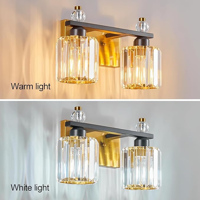 FDPBY Bathroom Vanity Lights 2-Light Black Gold Modern Crystal Vanity Light Fixtures Over Mirror Crystal Bathroom Vanity Lighting Fixtures