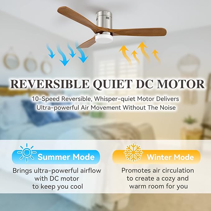SMAAIR 52 Inch Flush Mount Ceiling Fan with Light, Low Profile Outdoor Ceiling Fan with Remote and Dimmable Light, 10 Speed DC Motor, Compatible with Alexa/Google Assistant/Siri Shortcuts (Wood)