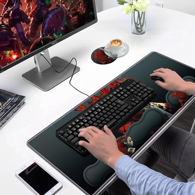 Ergonomic Keyboard Wrist Rest & Mouse Pad Wrist Rest Set, Large Gaming Desk Mat 31.5"x 11.8" with Non-Slip Base, Memory Foam, Easy Typing Pain Relief for Home & Office, Tattooed Girl and Red Butterfly