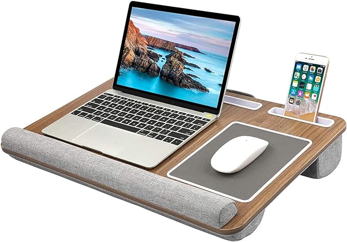 HUANUO Lap Desk - Fits up to 17 inches Laptop Desk, Built in Mouse Pad & Wrist Pad for Notebook, Laptop, Tablet, Lap Stand with Tablet, Pen & Phone Holder, Brown Woodgrain