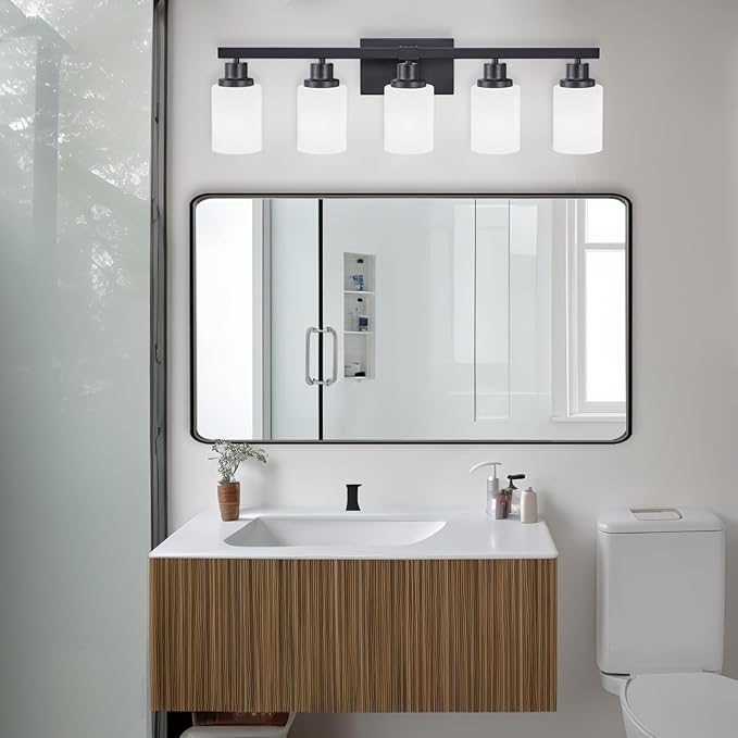 DIKAIDA Bathroom Vanity Light, 5-Light Vanity Lighting Fixture Over Mirror for Bathroom, 30" Matte Black Wall Light Fixture, Wall Sconces with Frosted Glass Shade for Mirror Bedroom Living Room
