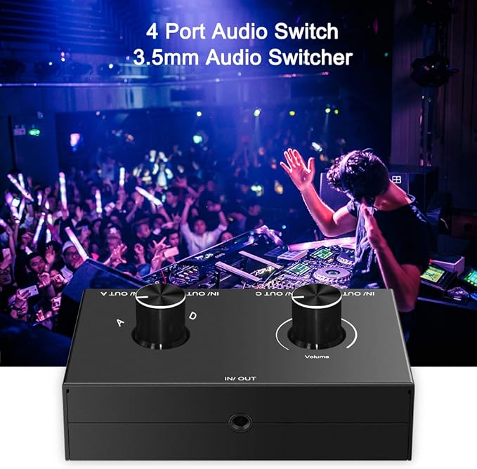 4-Way 3.5mm Stereo Audio Switcher - Passive Speaker Headphone Manual Selector Splitter Box (4 In - 1 Out)