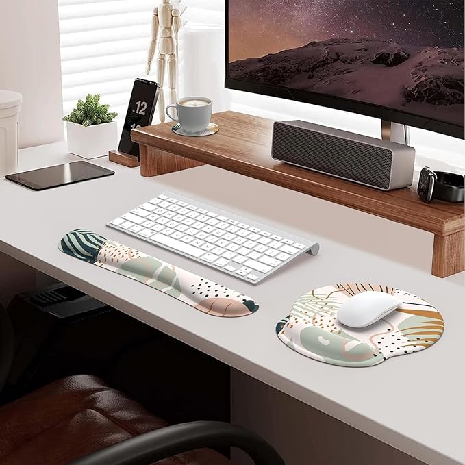 iLeadon Mouse Pad Wrist Support Keyboard Wrist Rest Set, Ergonomic Mouse Pad with Non-Slip Base for Computer Laptop Home Office + Coasters, Easy Typing & Pain Relief Mouse Mat, Tropical Plants