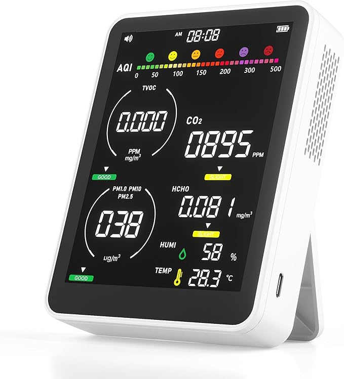 16 in 1 Air Quality Monitor Indoor 9 +7 AQI Alerts, CO2 Monitor Air Quality Tester for CO2, TVOC, PM2.5 PM1.0 PM10, HCHO Temperature Humidity AQI & Time Air Quality Meter for Home (Floral White)