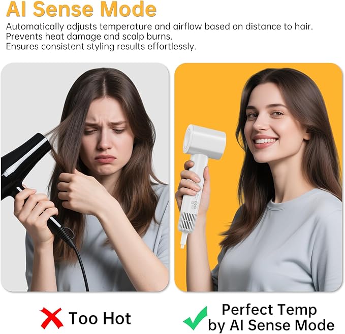 Hair Dryer with Nozzle- Negative Ionic Blow Dryer, AI Smart Thermo-Control with 110000 RPM High Speed for Fast Drying, Low Noise, Anti Frizz, 5 Temps & 2 Speeds for Home Travel, No Heat Damage, White