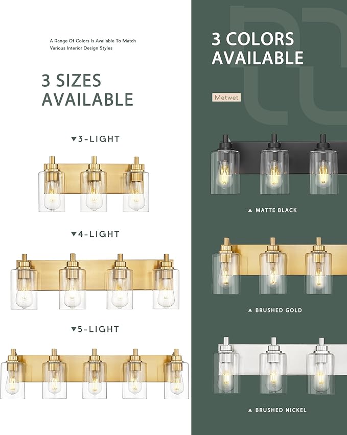 METWET 4-Light Bathroom Light Fixtures, Brushed Gold Vanity Light with Cylinder Clear Glass Shade, Modern Vanity Lighting Fixtures Over Mirror, VL143-BG-4