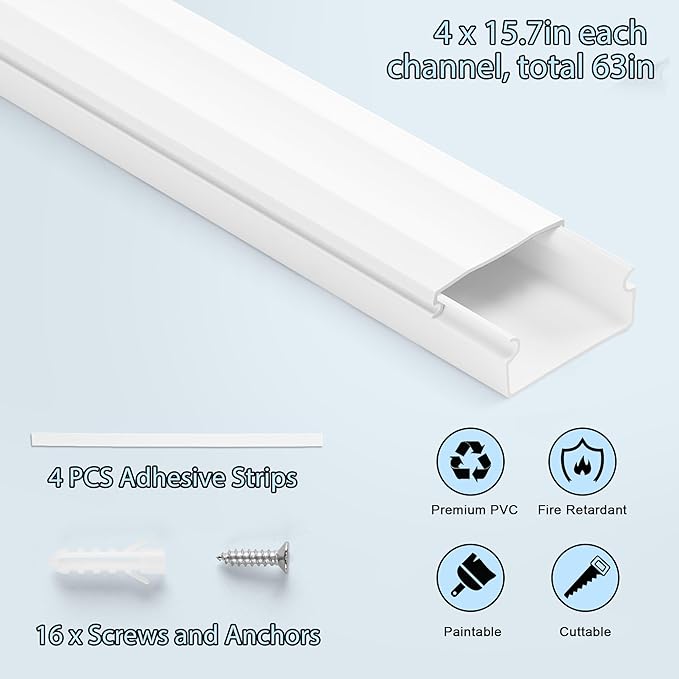 YCLYC Cord Covers - 63in Paintable TV Cable Hider Kit, X-Large Cord Management System for Walls
