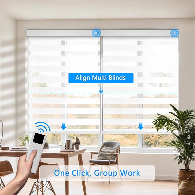 COOLWINDS Motorized Zebra Blinds for Windows Cordless Electric Curtains with Remote Control Blackout Shades Custom Smart Blinds Compatible with Alexa Google Home(Light Filtering White,W46 X 72in)