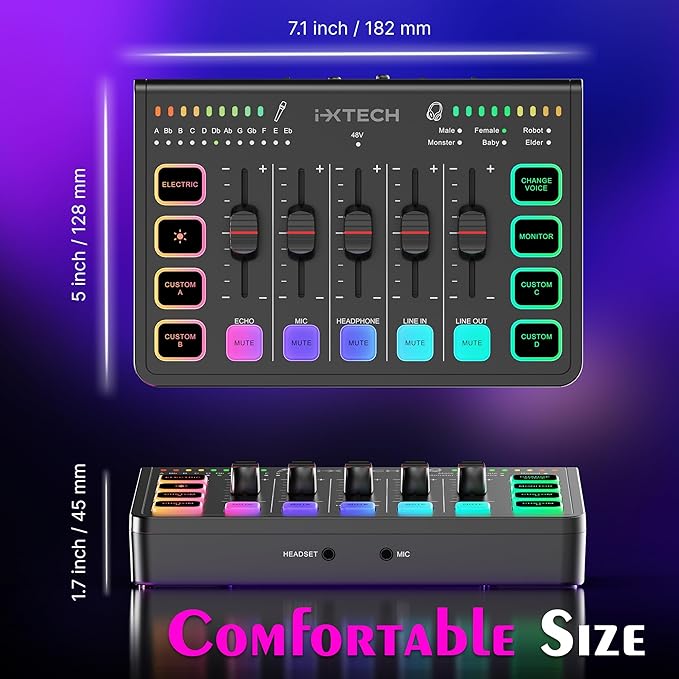 IXTECH Gaming Audio Mixer 4 Channel Soundboard, Streaming RGB PC Audio Interface with XLR Microphone Support, Audio Equalizer for Gaming Podcast Streaming Karaoke, Individual Volume Controls (Black)