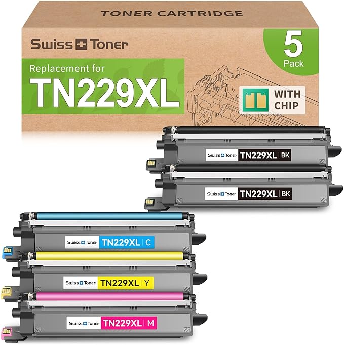 swiss toner Compatible TN229XL TN229 Toner Cartridges 5 Pack Replacement for Brother MFC-L3720CDW MFC-L3780CDW HL-L3280CDW HL-L3220CDW HL-L3300CDW Printer, BK/BK/C/M/Y