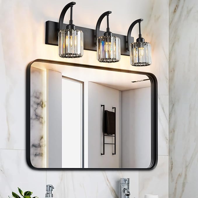 FDPBY 3-Light Crystal Vanity Light, Modern Black Bathroom Wall Sconce with K9 Crystal Shades, 23.62" Long Over Mirror Lighting for Vanity, Makeup, Hallway, Elegant & Durable