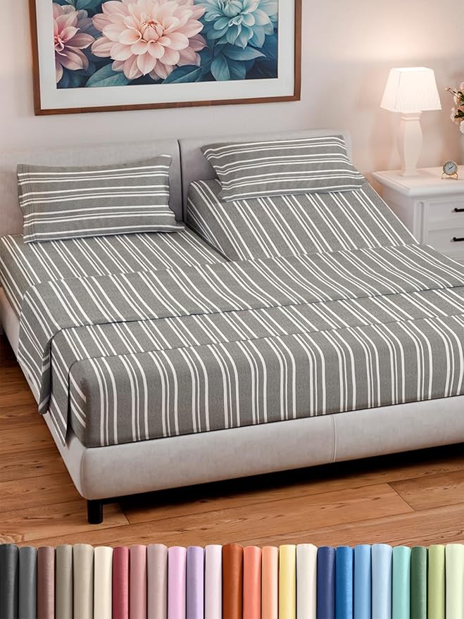 Split Head King Sheet Set – 4 Piece Flex Split Top King Sheets for Adjustable Beds - Fits 14” to 16" Mattress w/ Deep Pockets - Breathable & Cooling - Luxury Bedding and Wrinkle Free - Grey Stripes 3
