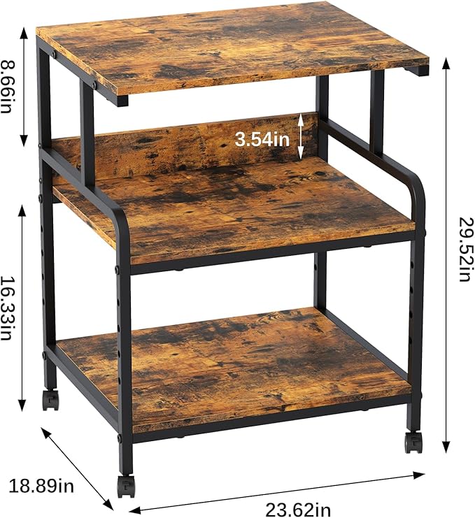 Arbuxzuy Large Printer Stand with Storage Shelf, 23.6" W x 18.9" D Printer Cart with Wheels, 3 Tier Mobile Printer Table for Home Office,Stands for Heat Press Scanner Fax (Brown)