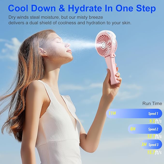 HandFan 2025 Upgraded Portable Misting Fan, Two Button Easy Operation, Handheld Rechargeable Mister Fan, Spray Water Mist Fans, Mini Electric Cooling Fans for Travel, Outdoors, Disney(Pink)
