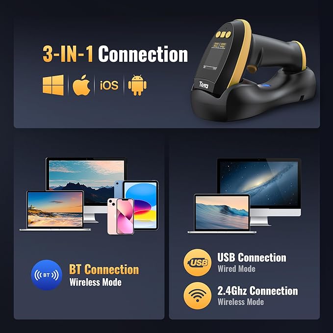 Tera Barcode Scanner Wireless with Screen: Pro Version 1D 2D QR with Setting Keypad Charging Cradle Works with Bluetooth 2.4G Wireless USB Wired Handheld Bar Code Reader HW0009 Yellow