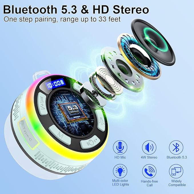 Shower Bluetooth Speaker IPX7 Waterproof, Portable Bluetooth Speakers with Suction Cup and Time Display, Crystal Sound&Bass LED Light 1100mAh, Wireless Shower Speaker for Outdoor/Kayak/ Light Cyan