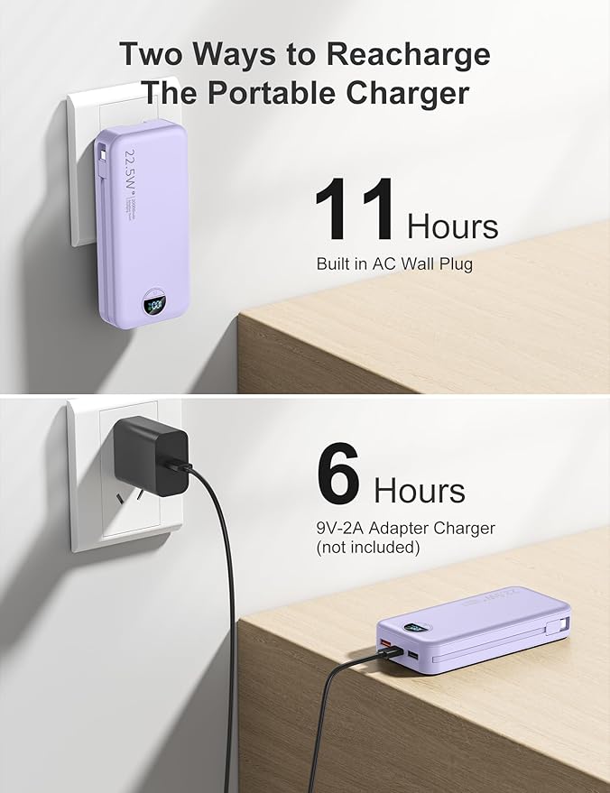 aonidi 20000mAh Ultra-Portable-Charger-Power-Bank PD20W with Built in Cables&AC Wall Plug,Fast Charging Cell Phone Charger Battery Pack,LED Display Travel Battery Bank for All iPhone,Samsung,Android