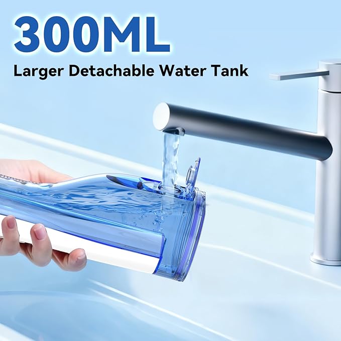 Cordless Portable Water Flosser with 300ML Tank: Rechargeable Oral Irrigator with 5 Tips for Travel, Braces Care and Sensitive Gums, IPX7 Waterproof Teeth Cleaning Device(White)