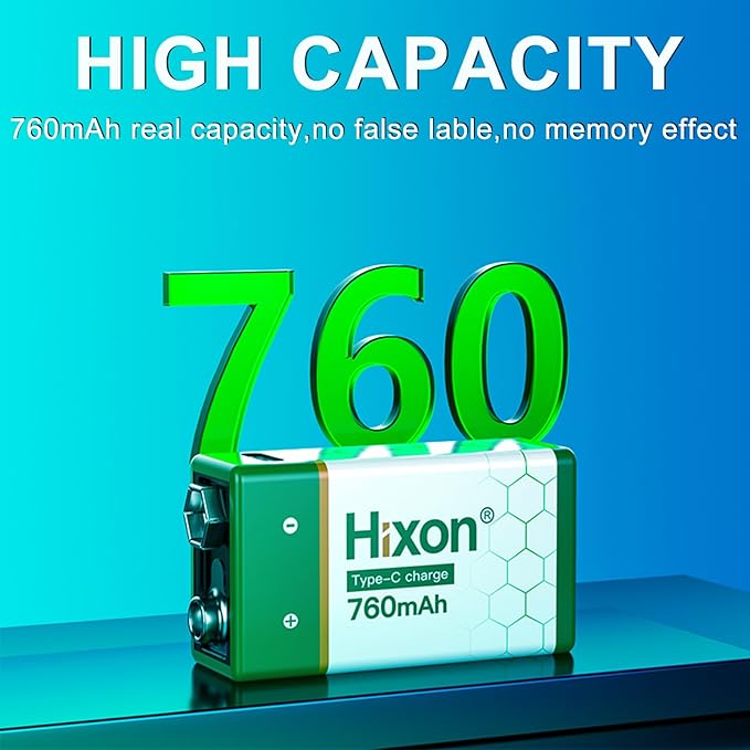 Hixon USB 9V Rechargeable Lithium Batteries - Long-Lasting 760mAh 9 Volt LI-ion Batteries with Type C Charging Cable - for Alarms Wireless Microphones Smoke Detectors Toys (4 Pack)