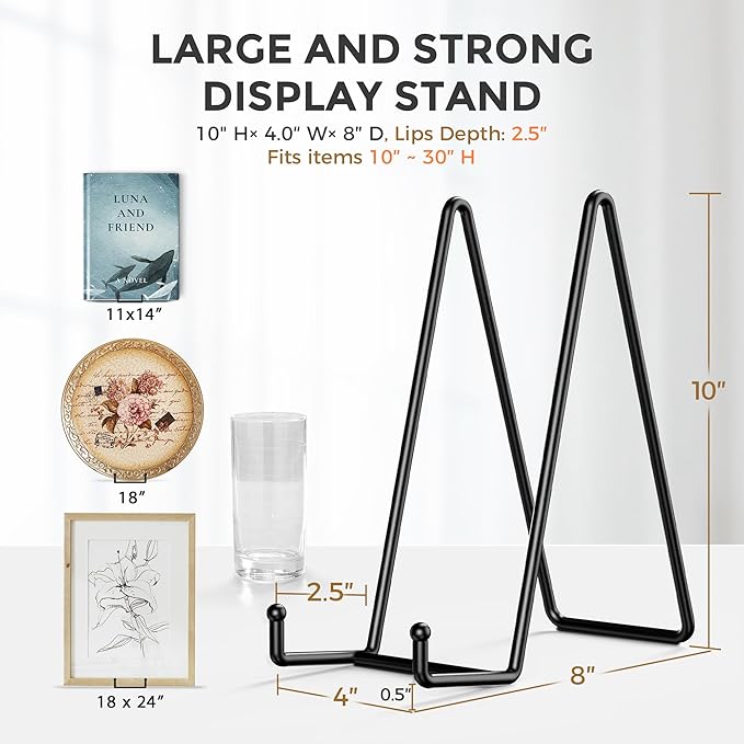 TR-LIFE 4 Pack 10 Inch Large Plate Stands for Display - Metal Plate Holder Stand + Picture Stand + Small Easels for Decorative Plate, Platter, Book, Plaques, Photo Frame, Tabletop Art