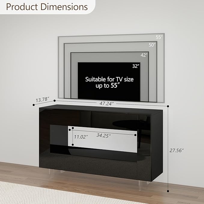 Vavkorkula High Gloss TV Stand for 55 Inch with 2 Large Drawers & Hidden Storage Cabinets, Modern Entertainment Center Television Stands for Living Room Bedroom, Black