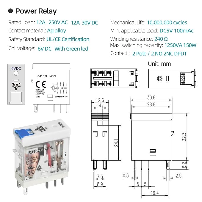 6 Volt Electromagnetic Power Relay with Test Button Coil 8Amp 8 Pins DPDT with Indicator Light and Socket Base UL CE TUV Certification