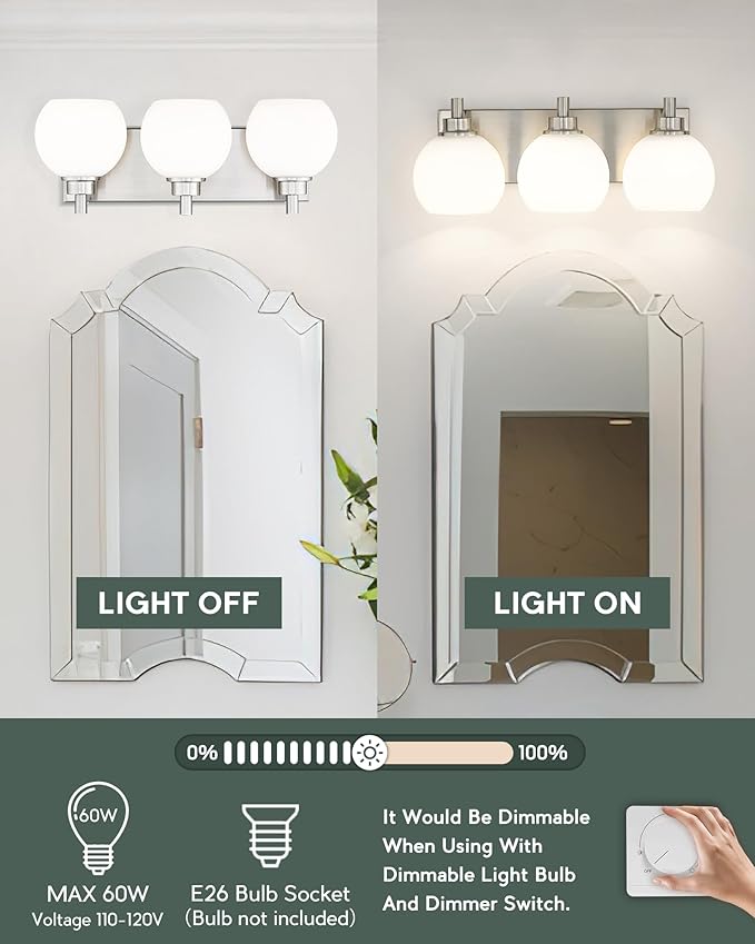 METWET Bathroom Light Fixtures, 3-Light Brushed Nickel Vanity Light, Modern Wall Sconces with Milk White Globe Glass Shade, Vanity Lighting Fixtures Over Mirror, VL195-BN-ML-3