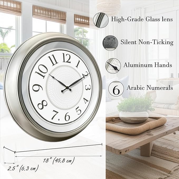 FOUNTAIN DESIGNS Galaxy 18" Large Luminous Atomic Clock with Night Light, Lighted Wall Clocks for Bedroom or Livng Room Decor,Morning Silver Finish,House Warming Gifts New Home