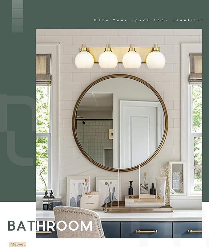 METWET Bathroom Light Fixtures, 4 Light Brushed Gold Vanity Light, 26 Inch Modern Wall Sconces with Globe Milk White Glass Shade, Vanity Lighting Fixtures Over Mirror, VL195-BG-ML-4