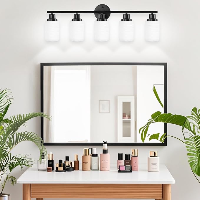 Guliaofo 5-Light Bathroom Light Fixtures, E26 Base Vanity Lights for Mirror with Textured Milky White Glass Shade, Modern Kitchen Light Fixtures Wall Sconce Light - Black