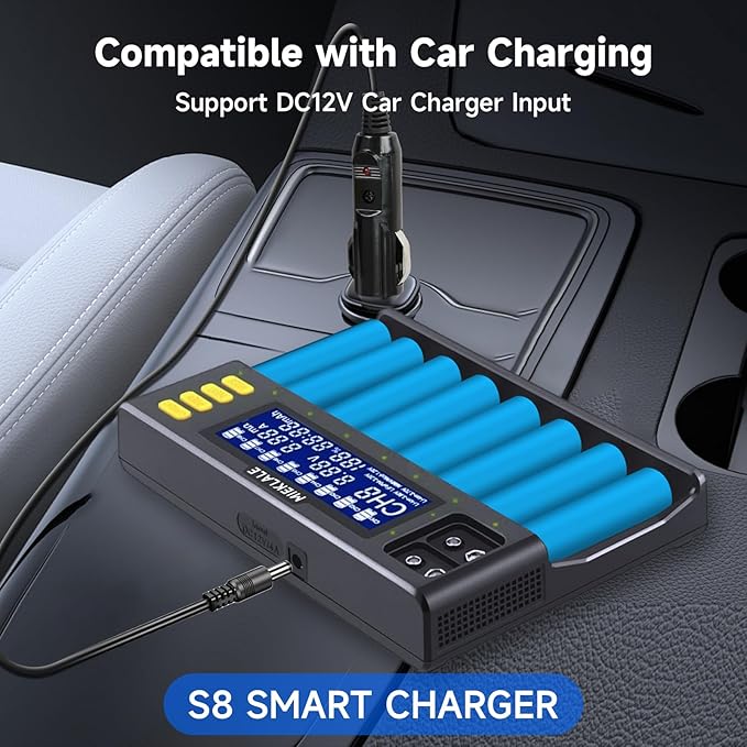 18650 Battery Charger, MIEKLALE 8+2 Bays Smart Universal Battery Charger with LCD Display for Rechargeable Batteries Li-ion LiFePO4 RCR123 16340 26650 10440 14500 & 9V, NiMH NiCd AAA AA(8+2Slots)