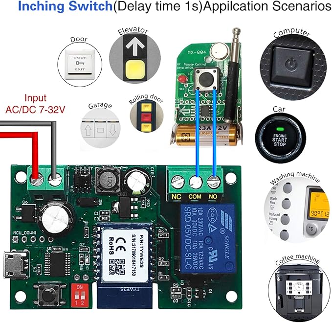 Newgoal WiFi Wireless Inching Relay Switch Momentary DIY Smart Home Remote Control DC 5-32V AC 90-250V Compatible With Alexa Echo IFTTT (Using TUYA/Smart Life APP)