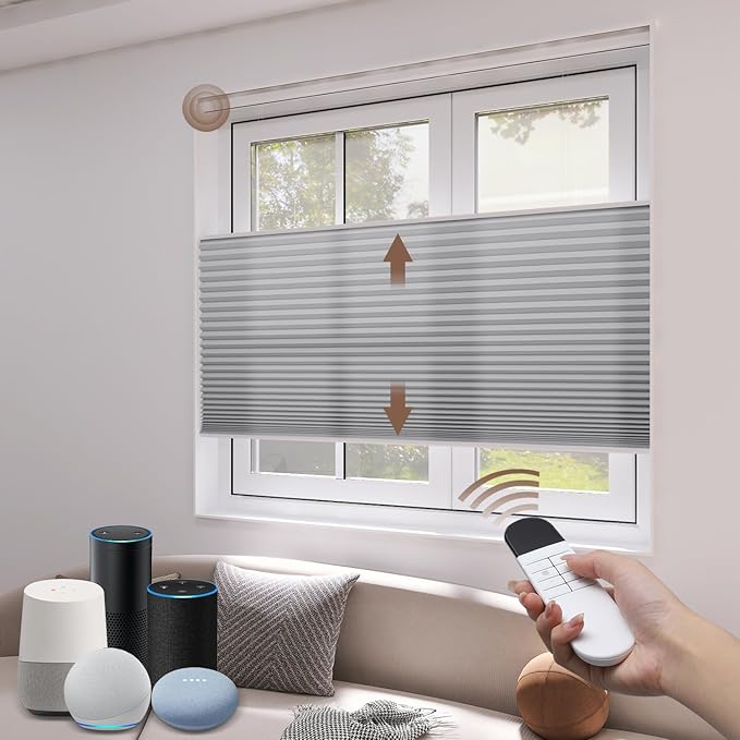 LEXEN Smart Top Down Bottom Up Honeycomb Shades - WiFi Enabled Motorized Cellular Blinds Compatible with Alexa/Google Home Double Cellular Fabric Light Filtering Insulated Custom Sizes-Grey