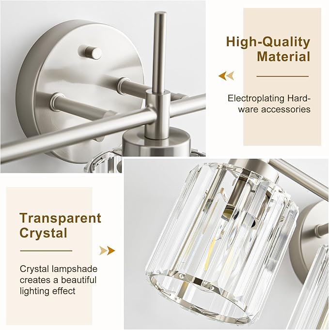 EJIAXIN 3 Light Crystal Bathroom Light Fixtures, Brushed Nickel Vanity Mirror Lights, Crystal Bath Vintage Wall Mounted Lamps Wall Light Fixtures for Bathroom, Living Room