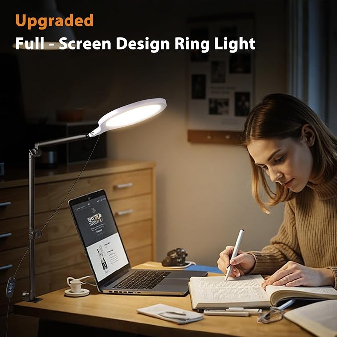 Desk Ring Light, 10" LED Ring Light for Desk with Clamp, 360°Rotate & Flexible Height Full-Screen Overhead Ringlight for Video Recording, TikTok, YouTube, Live Streaming, Content Creation, White