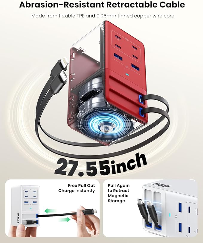 USB C Charger 275W Charging Station with Retractable Dual Cables,Upgraded 8-in-1 GaN IV Fast Charging Hub Block+PD QC PPS 65W Laptop Adapter for MacBook Pro/Air,iPad,iPhone 17/Pro,Galaxy S25,Dell(Red)