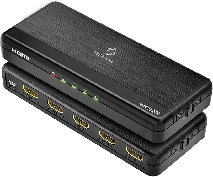 SHERRIVA 4K HDMI Splitter 1 in 4 Out – 4K@60Hz, 1080p@240Hz, Auto Downscaling, HDR, HDCP 2.3, 18Gbps, EDID, Duplicate/Mirror 4K Screens, Compatible with TV, Multiple Monitors
