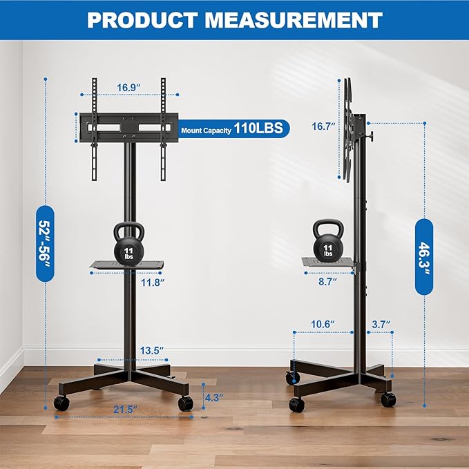 HOLMAXD Mobile TV Stand for 23-65 Inch LCD LED Flat/Curved Panel Screen TVs, Height Adjustable Rolling Floor TV Cart with Tilt Mount and Shelf, Portable Stand Holds up to 110 lbs, Max VESA 400x400mm