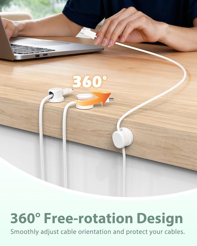 TIKIWIK Rotatable Cord Holder, Snap-Lock Cable Clips, 8 Pack Adhesive Cord Organizer, Phone Charger Wire Organizer Keeper for Nightstand Car Kitchen Office Accessory,White