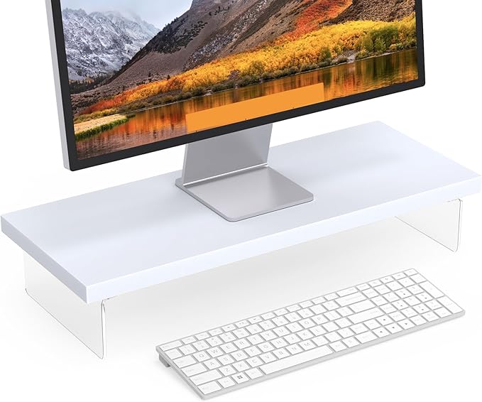 SSWOOD Monitor Stand Riser, Wood & Acrylic Computer Monitor Stand Desk Desktop Organizer Table for Home, Office Workspace, Laptop Riser, Printer, PC & TV Screen Riser