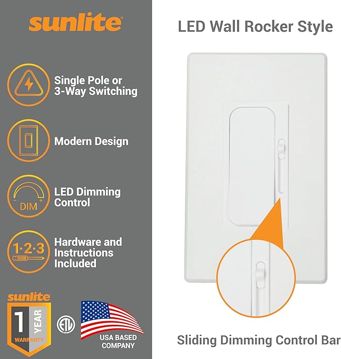 Sunlite LED Wall Rocker Style, Slide Bar Triac Dimmer Switch, Screwless Wall Plates Included, Single Pole or 3-Way Switching, 120 Volts, 200W Max for LED, 600W Max for Incandescent, White, 4 Pack