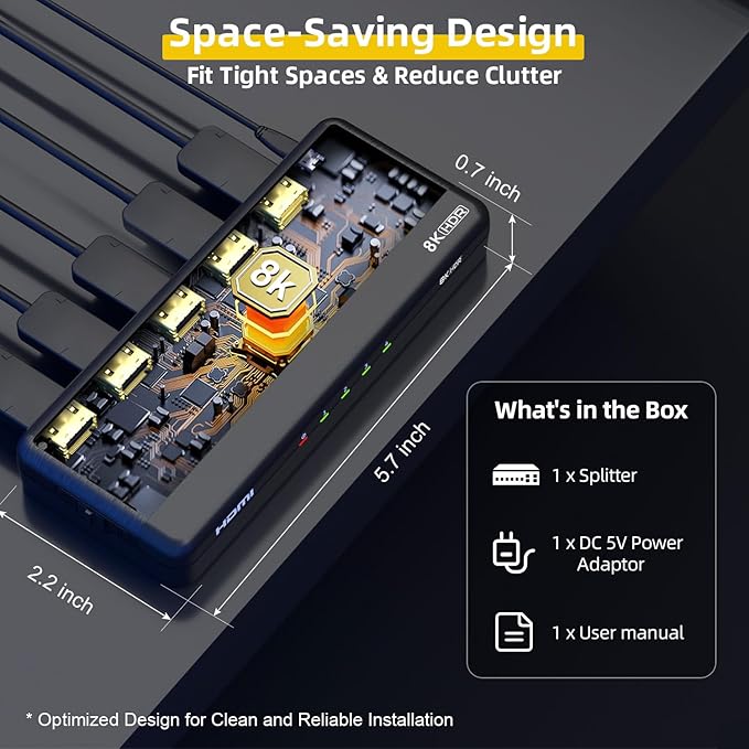 SHERRIVA 8K HDMI Splitter 1 in 4 Out, 1x4 Duplicate/Mirror Screens, HDMI 2.1, 8K@60Hz, 4K@240Hz (DSC), 4K@120Hz, Auto Downscaling, 48Gbps, HDCP 2.3, Compatible with Xbox, PS5, Blu-ray Player